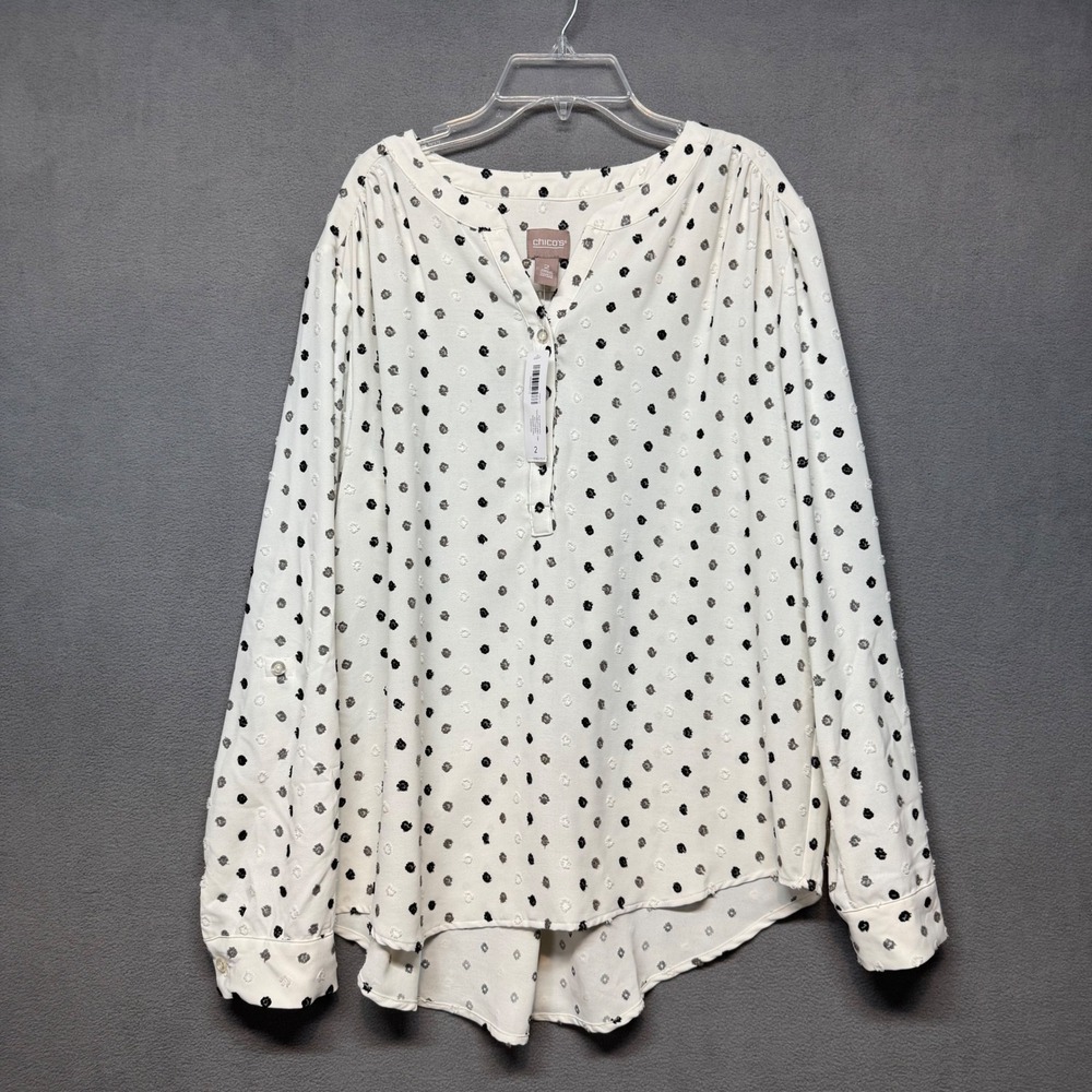 Chicos Clip Geo Dot Textured Flowy Top Size 2 L Ecru Polka Dot Career Loose Fit
